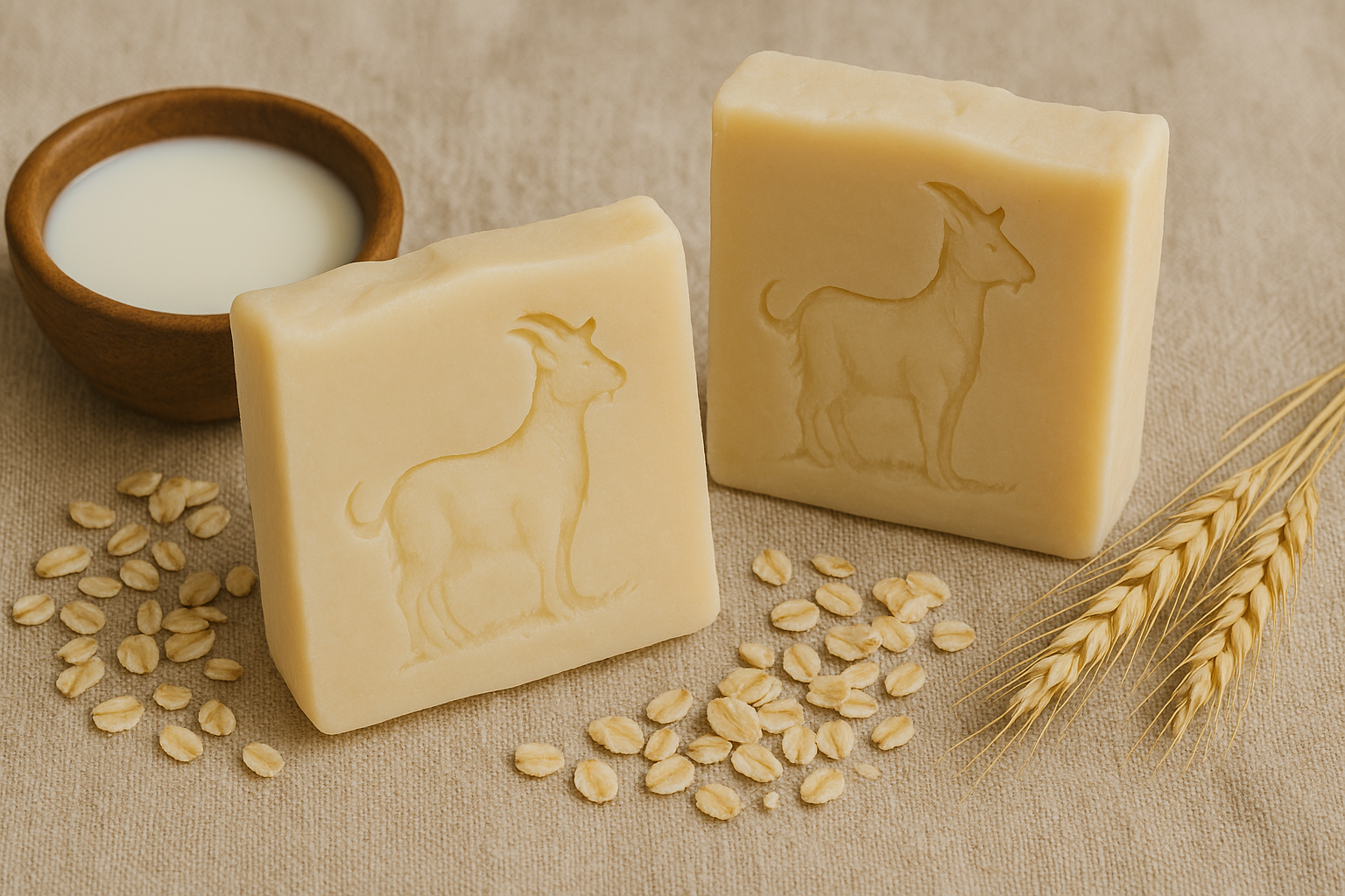 Ziegenmilch Seife neben Dekoration - für trockene Haut und sensible Haut. Dargestellt mit Weizen, Haferflocken und Ziegenmilch