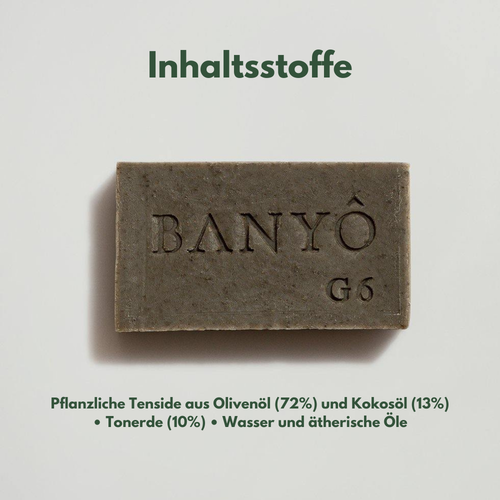 BANYÔ Vulkanerde Gesichtsseife Inhaltsstoffe, Olivenöl, Kokosöl, Tonerde, ätherische Öle.